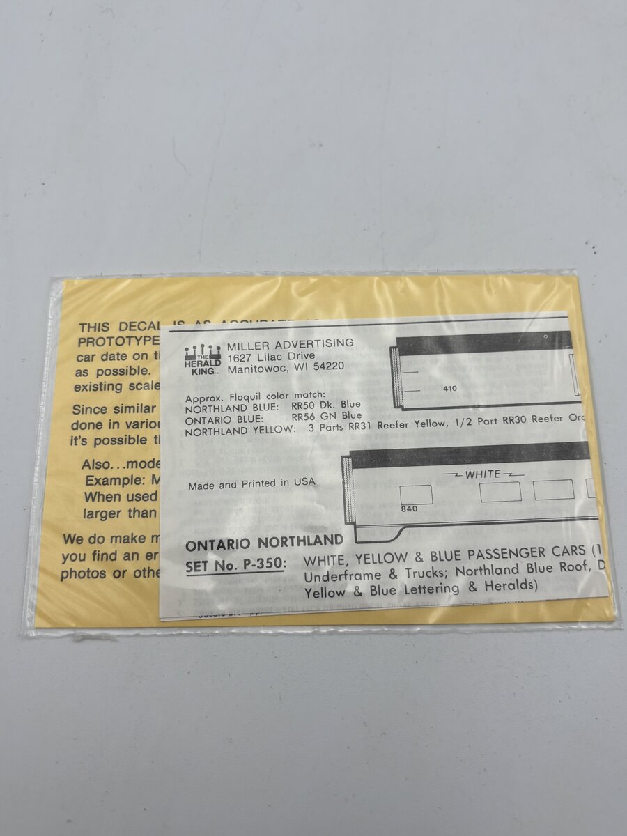 The Herald King P-350 HO Ontario Northland White, Yellow & Blue Passenger Decal