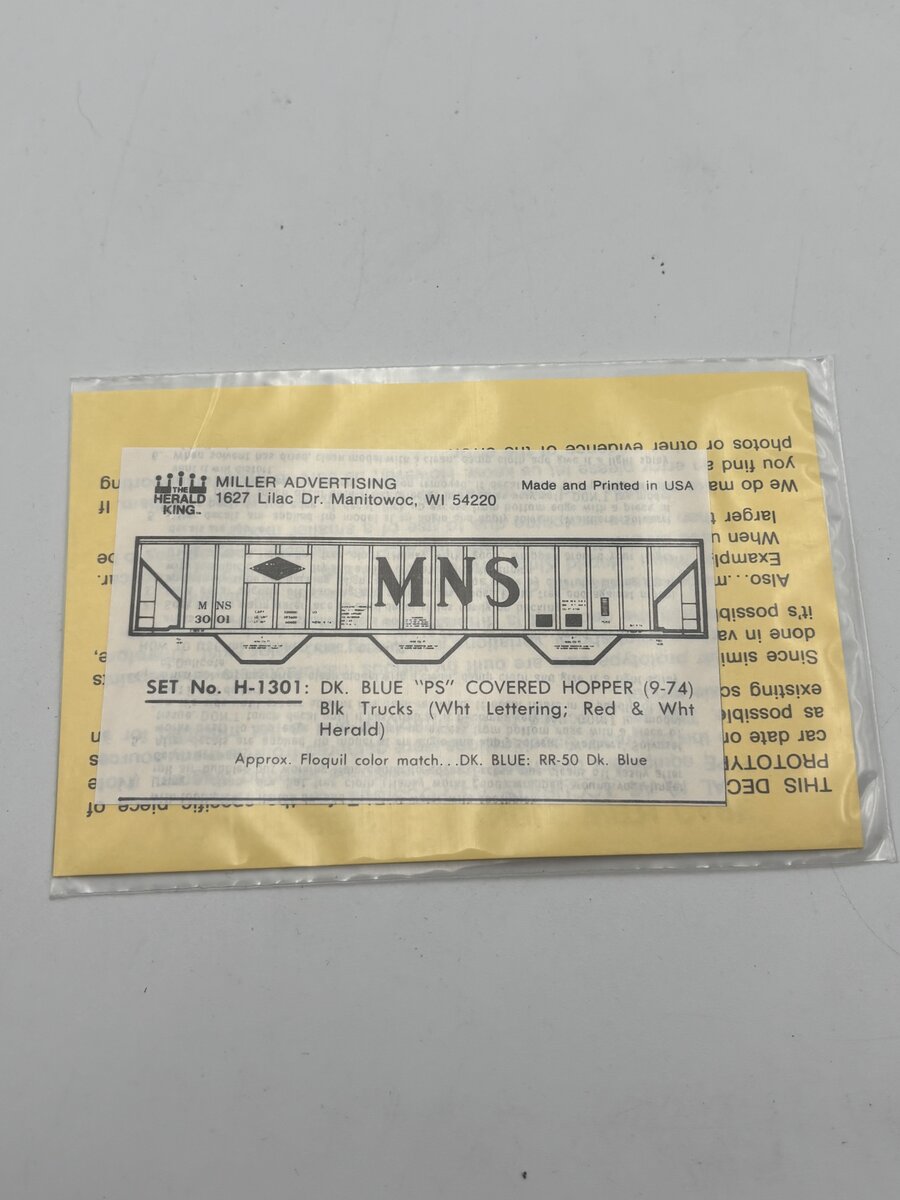 The Herald King H-1301 HO DK. Blue "PS" Covered Hopper White Lettering Decal