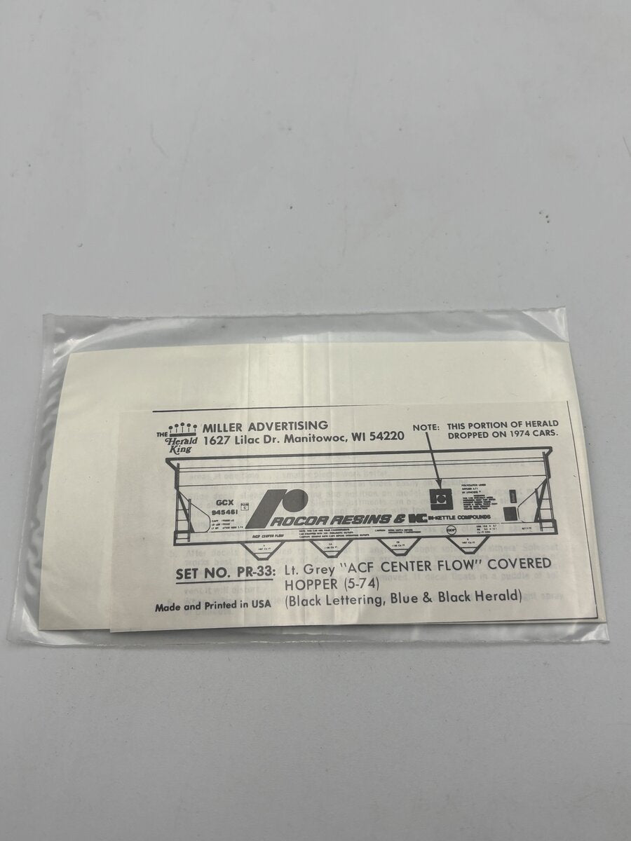 The Herald King PR-33 HO Lt. Grey "ACF Center Flow" Covered Hopper Decal