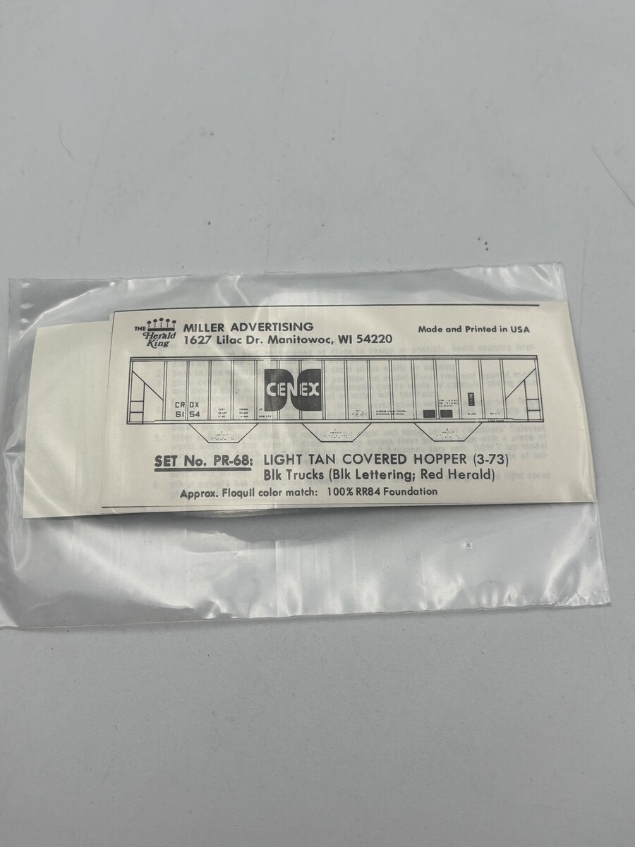 The Herald King PR-68 HO Light Tan Covered Hopper Black Lettering Decal