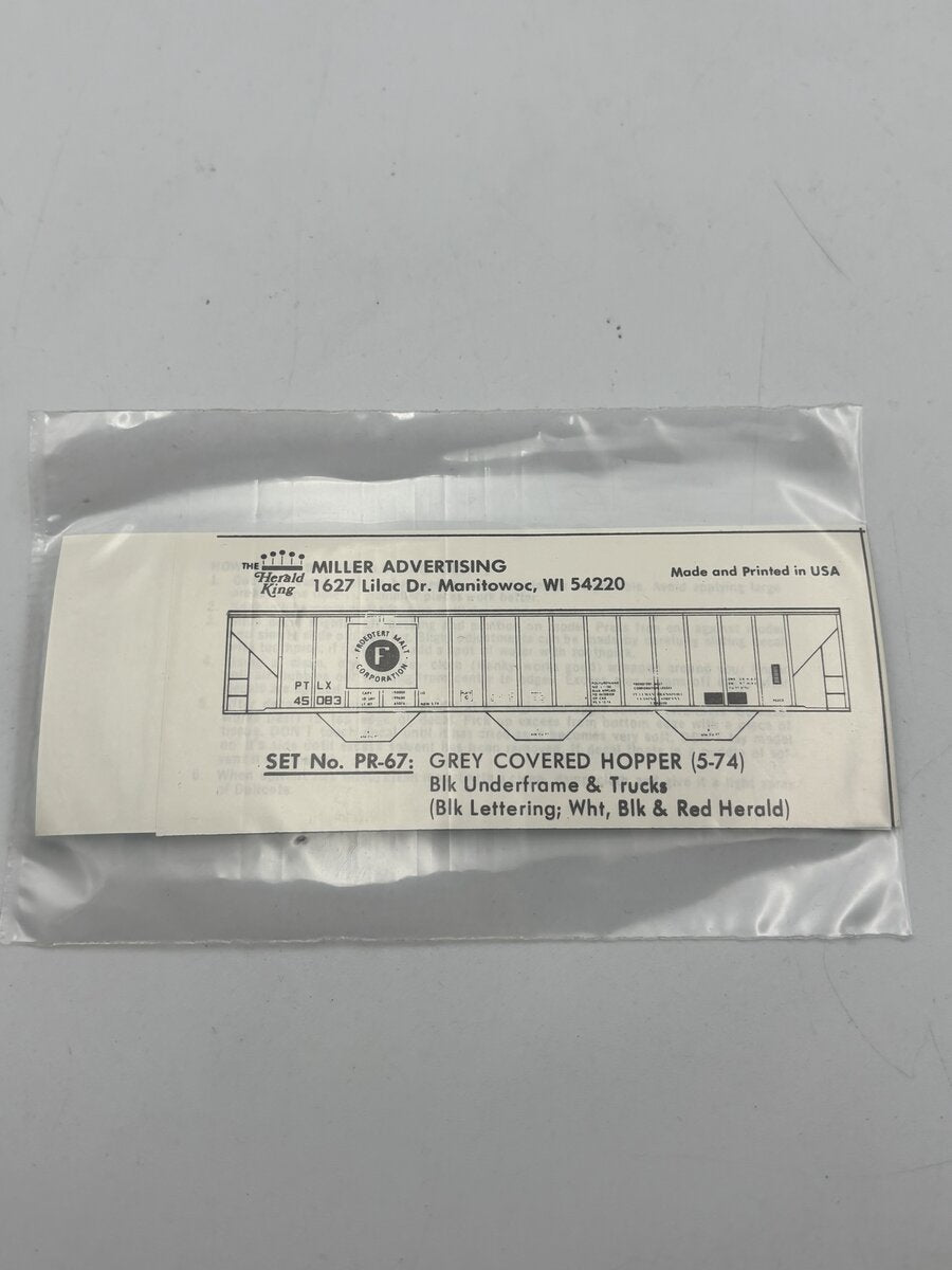 The Herald King PR-67 HO Grey Covered Hopper Black Lettering Decal