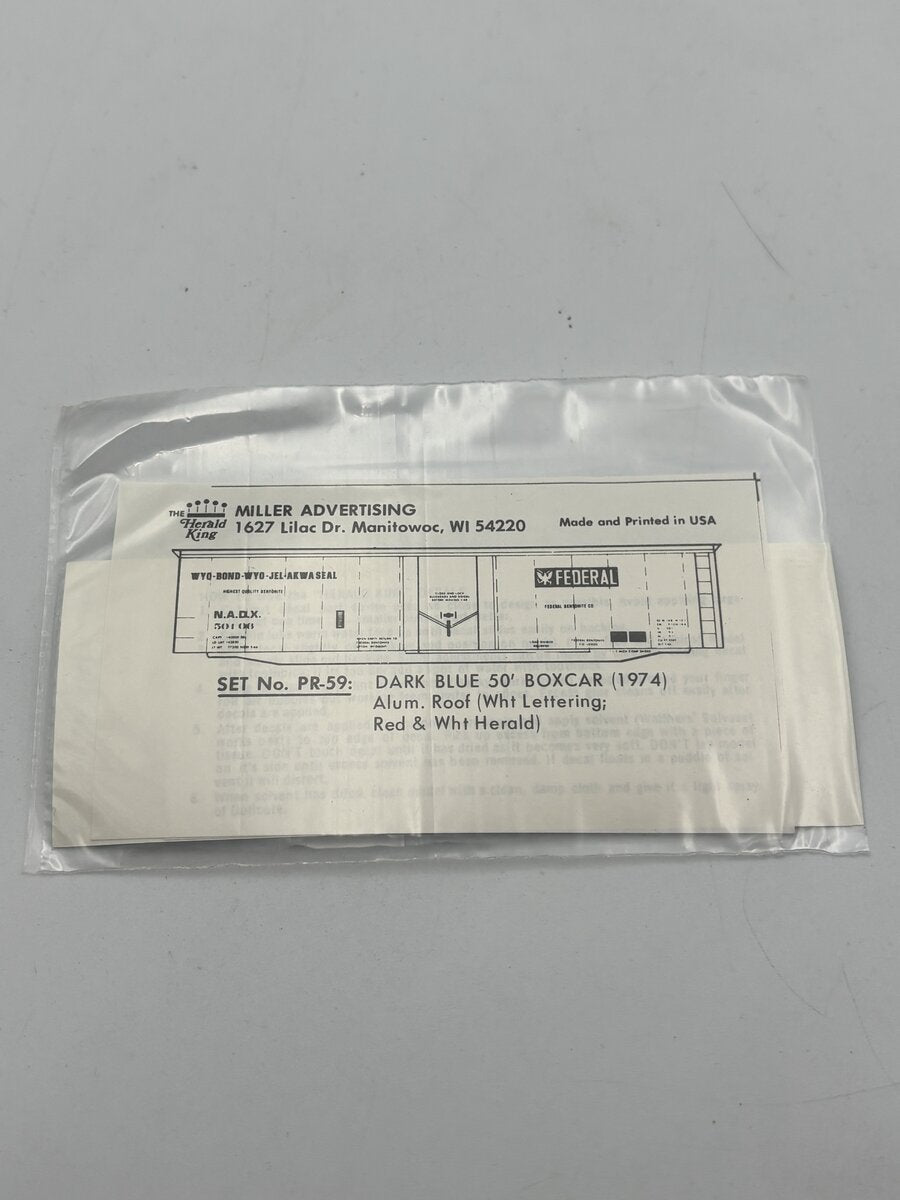 The Herald King PR-59 HO Dark Blue 50' Boxcar White Lettering Decal