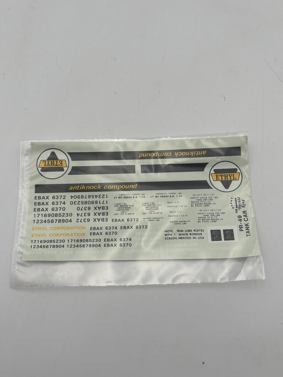 The Herald King PR-49 HO Grey Tank Car White, Black And Yellow Lettering Decal