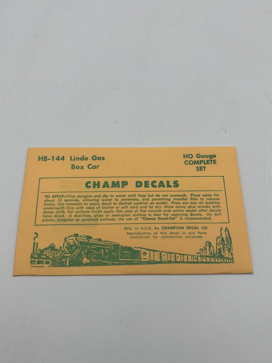 Champ Decals HB-144 HO Linde Gas Boxcar Decal