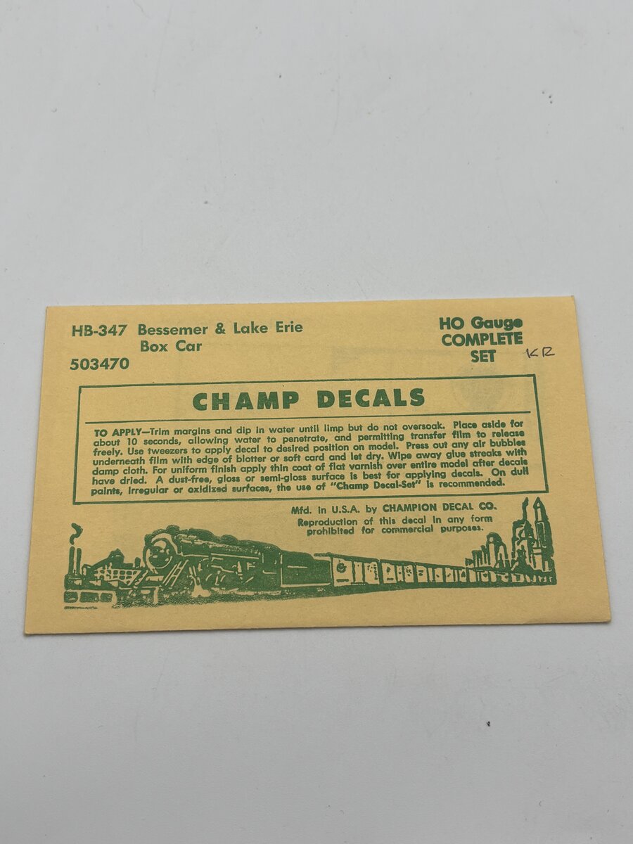 Champ Decals HB-347 HO Bessemer & Lake Erie Boxcar Decal