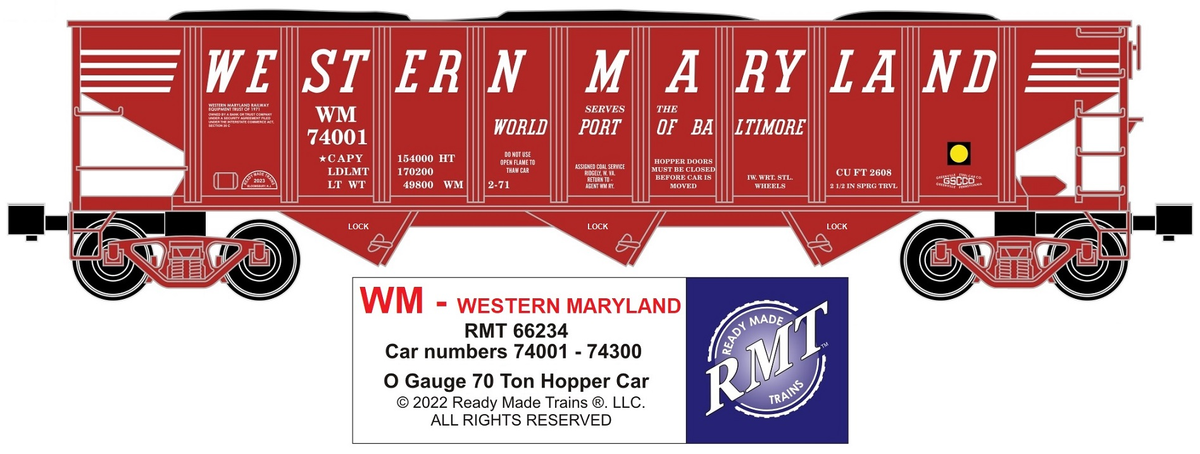 RMT 66234 O Western Maryland 3-Bay Coal Hopper Car w/ Load