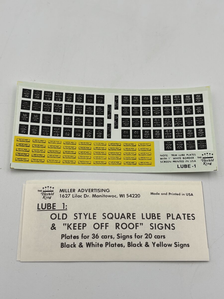 The Herald King HO Lube 1 Old Style Square Lube Plates & "Keep Off Roof" Signs