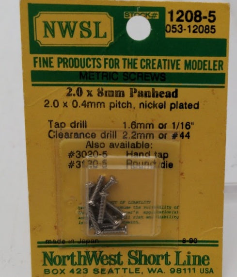 NWSL 1208-5 Metric Screws 2.0 X 8 mm Panhead (Pack of 10)