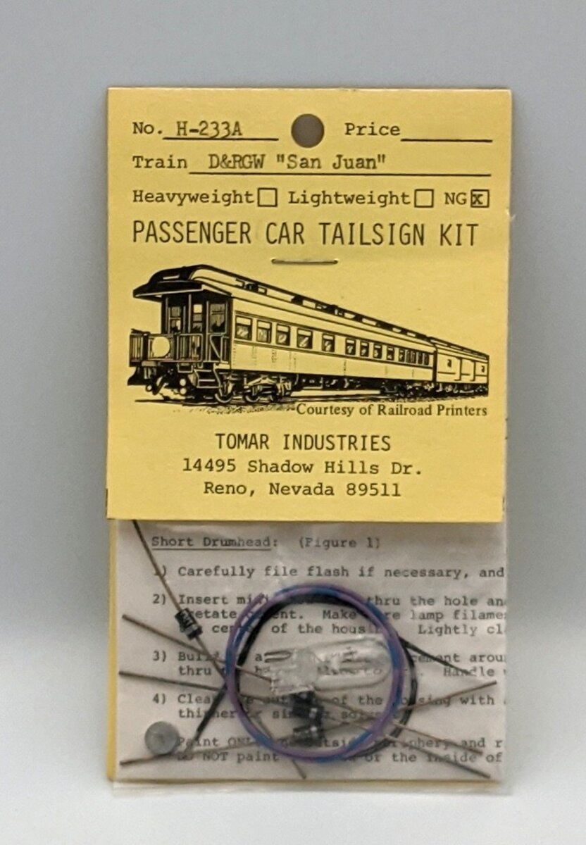 Tomar Industries H-223A HO Scale D&RGW San Juan Passenger Car Tailsign Kit