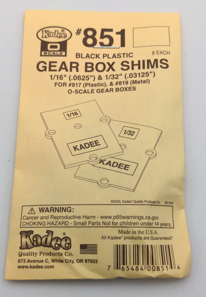 Kadee 851 O Scale Black Plastic Gear Box Shims 1/16
