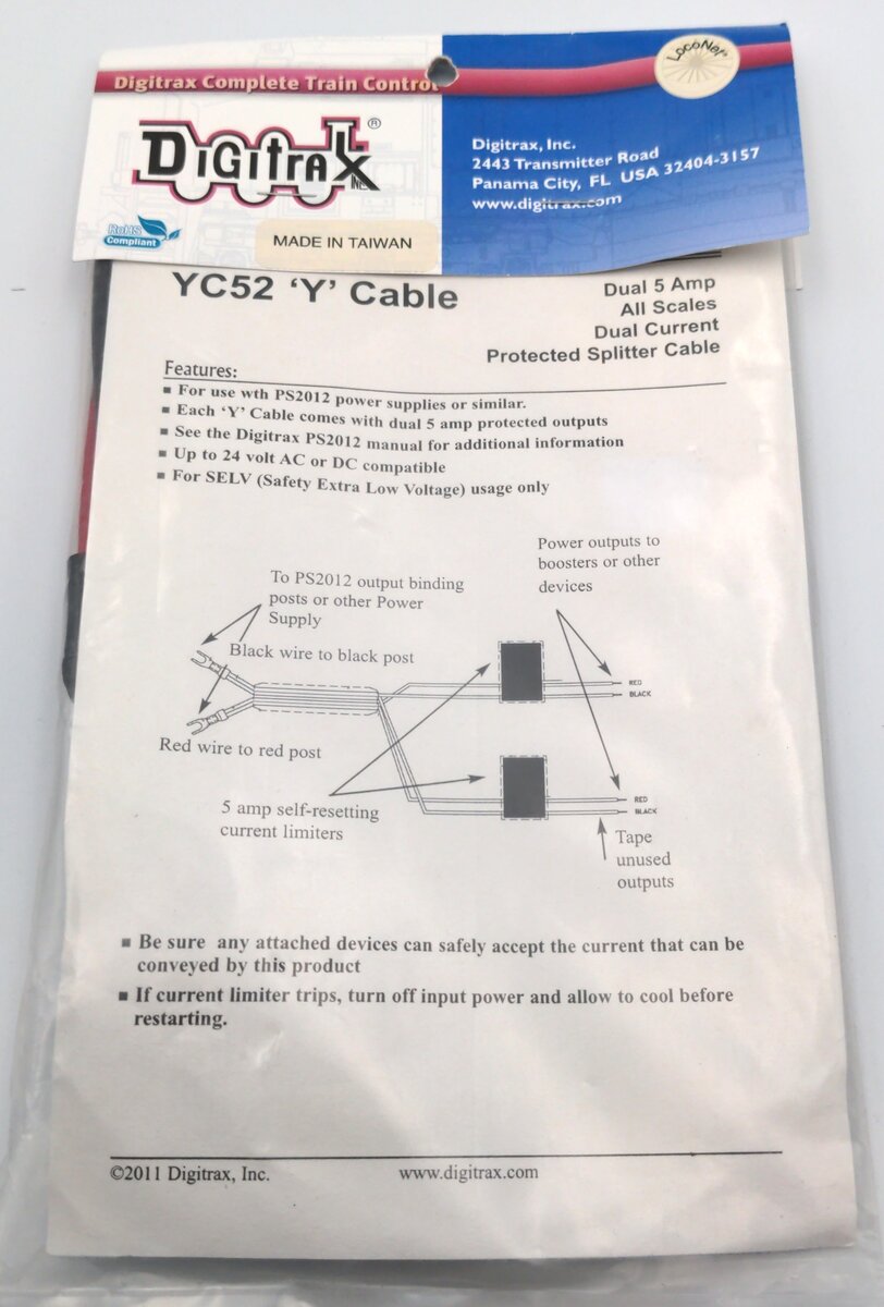 Digitrax YC52 Y Cable Dual 5 Amp Dual Current Protected Splitter Cable