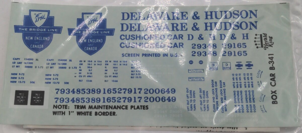 Herald King B-341 Delaware & Hudson Yellow 50' Box Car Decal