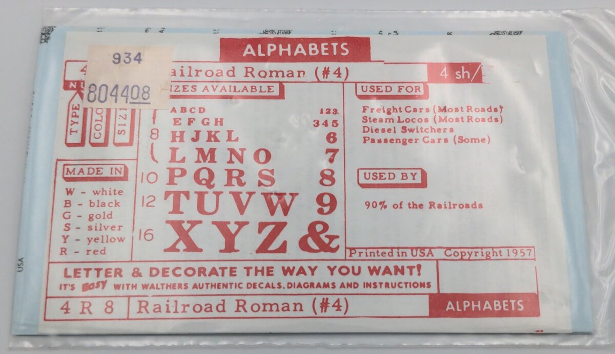 Walthers 804408 Type 4 Red Size 8 Red Railroad Roman (#4) Decal Set
