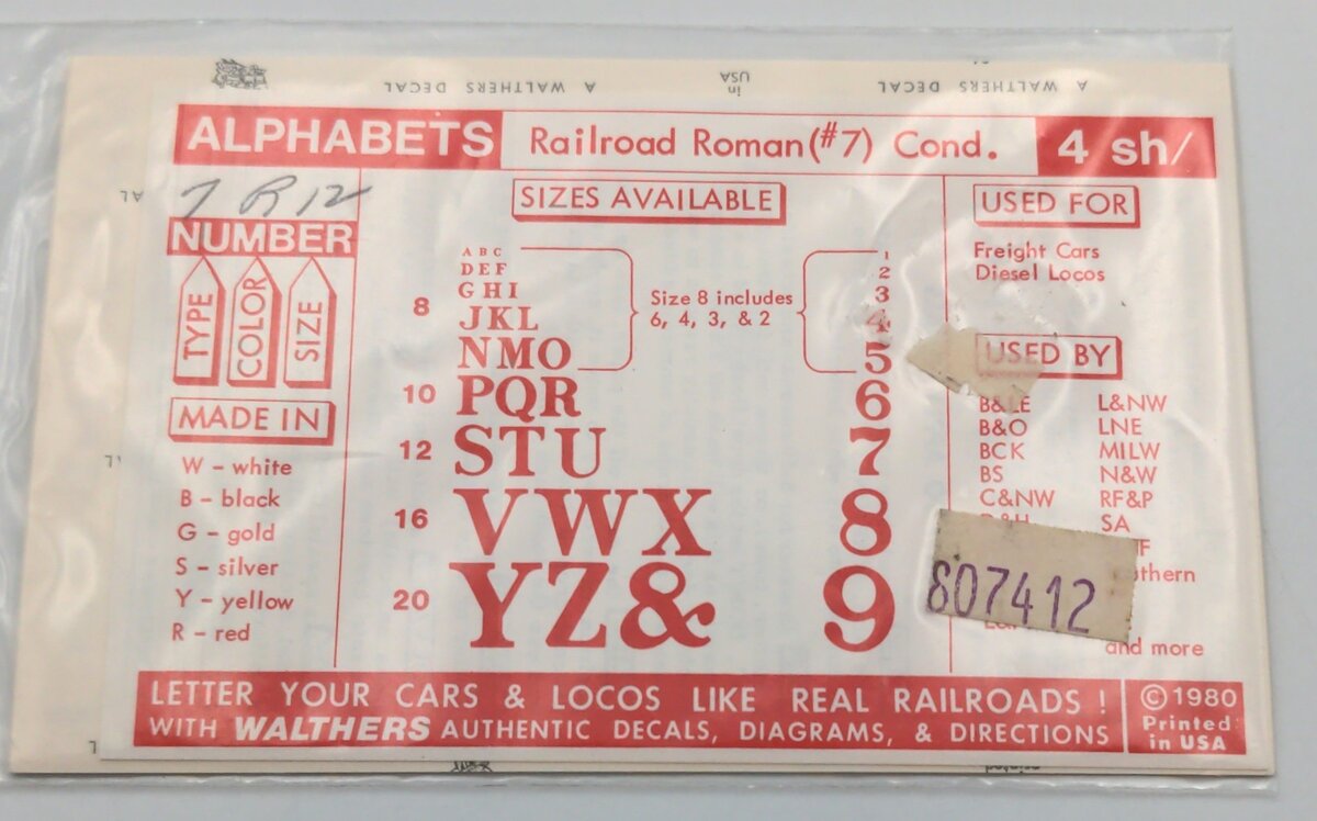 Walthers 807412 Type 7 Size 12 Red Railroad Roman (#7) Decal Set