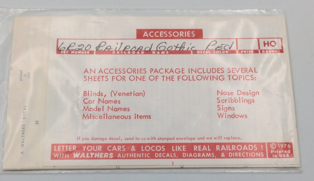 Walthers 2783 HO Scale Set #6R20 Railroad Gothic Red Decal Set