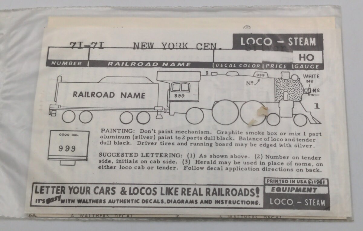 Walthers 71-71 HO Scale New York Central Silver Decals