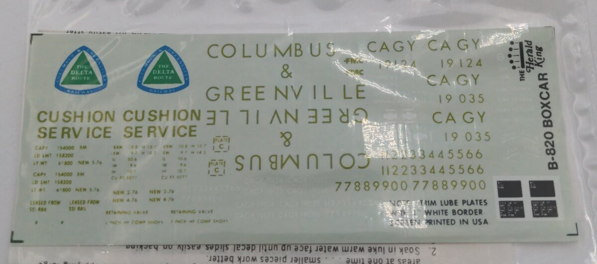 Herald King B-820 Columbus & Greenville Decal