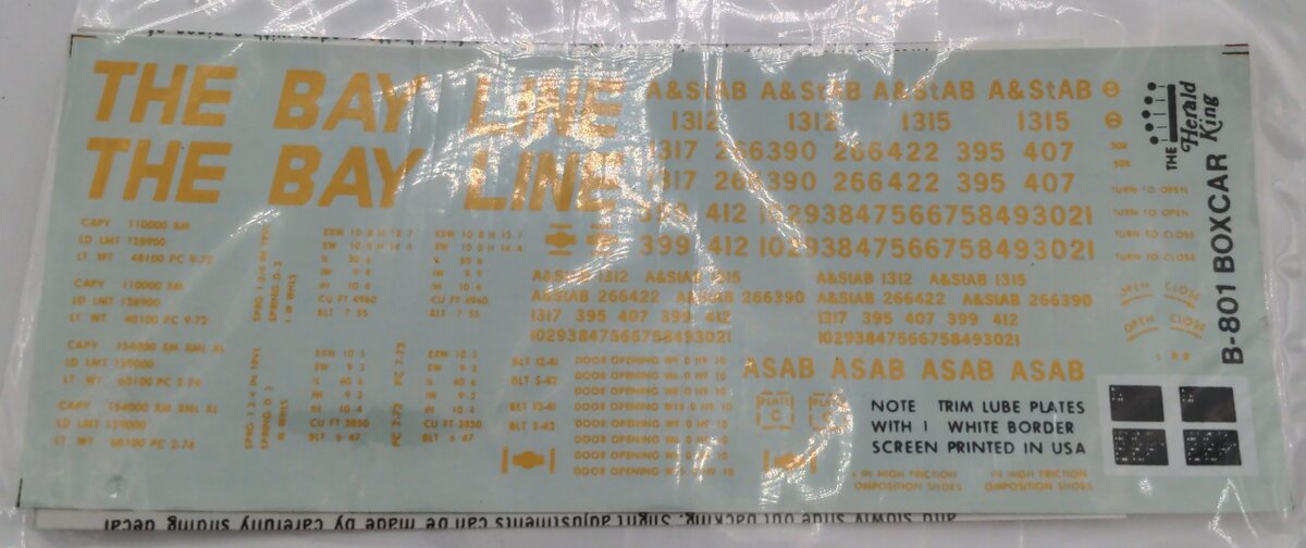 Herald King B-801 The Bay Line Decal Yellow Lettering