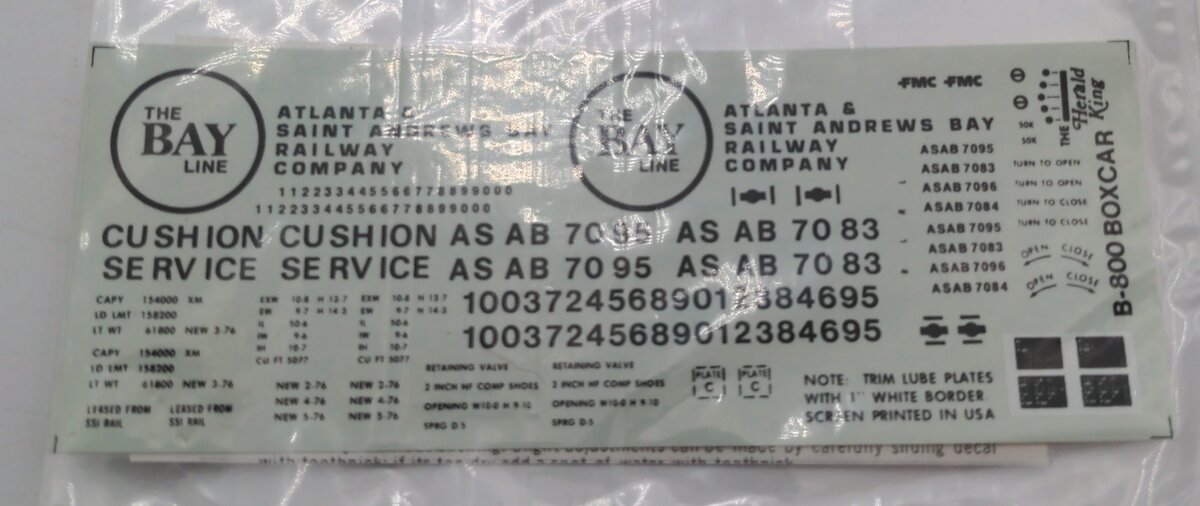 Herald King B-800 The Bay Line ATL &  St. Andrews Bay Railway Co. Decal
