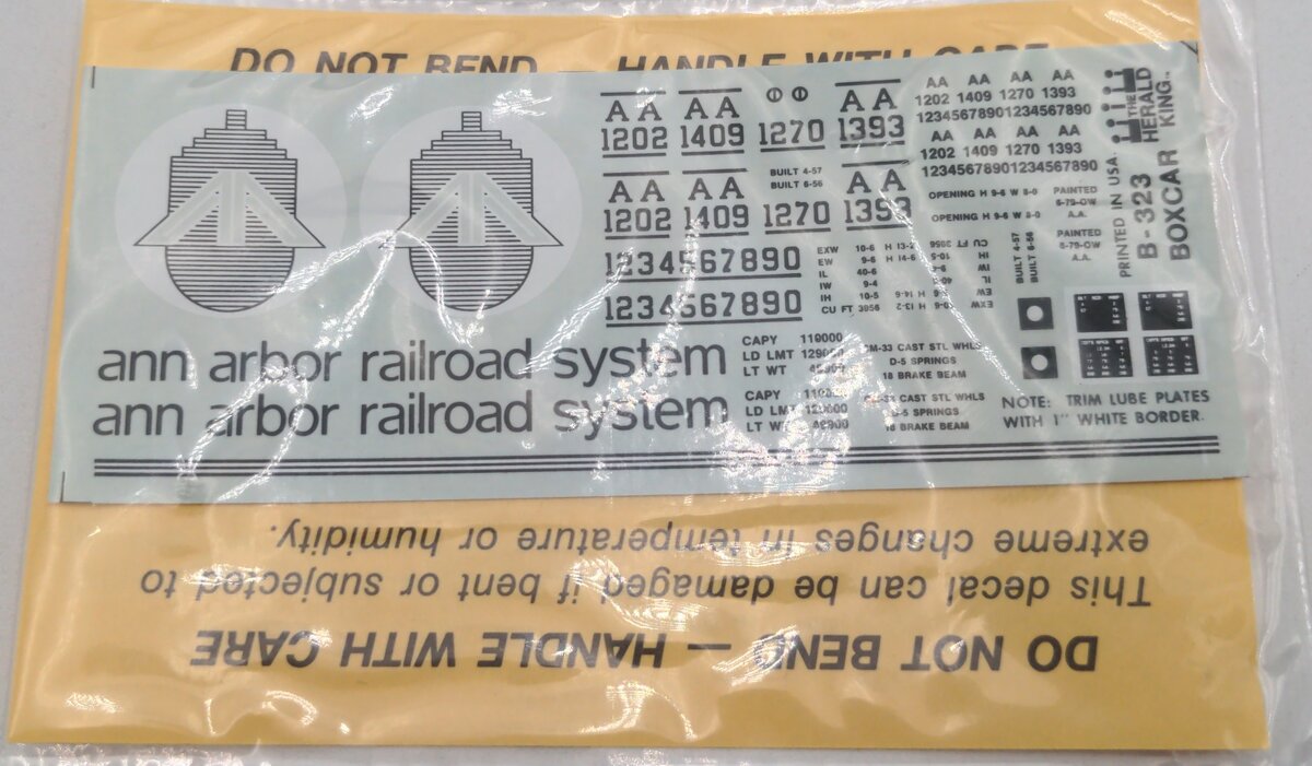 The Herald King B-323 HO Scale ANN ARBOR RAILROAD AA 40' Box Car Decal Set