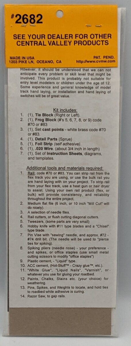 Central Valley Models 2682 HO CVT Curvable Switch Kit Code 83 #6 Right