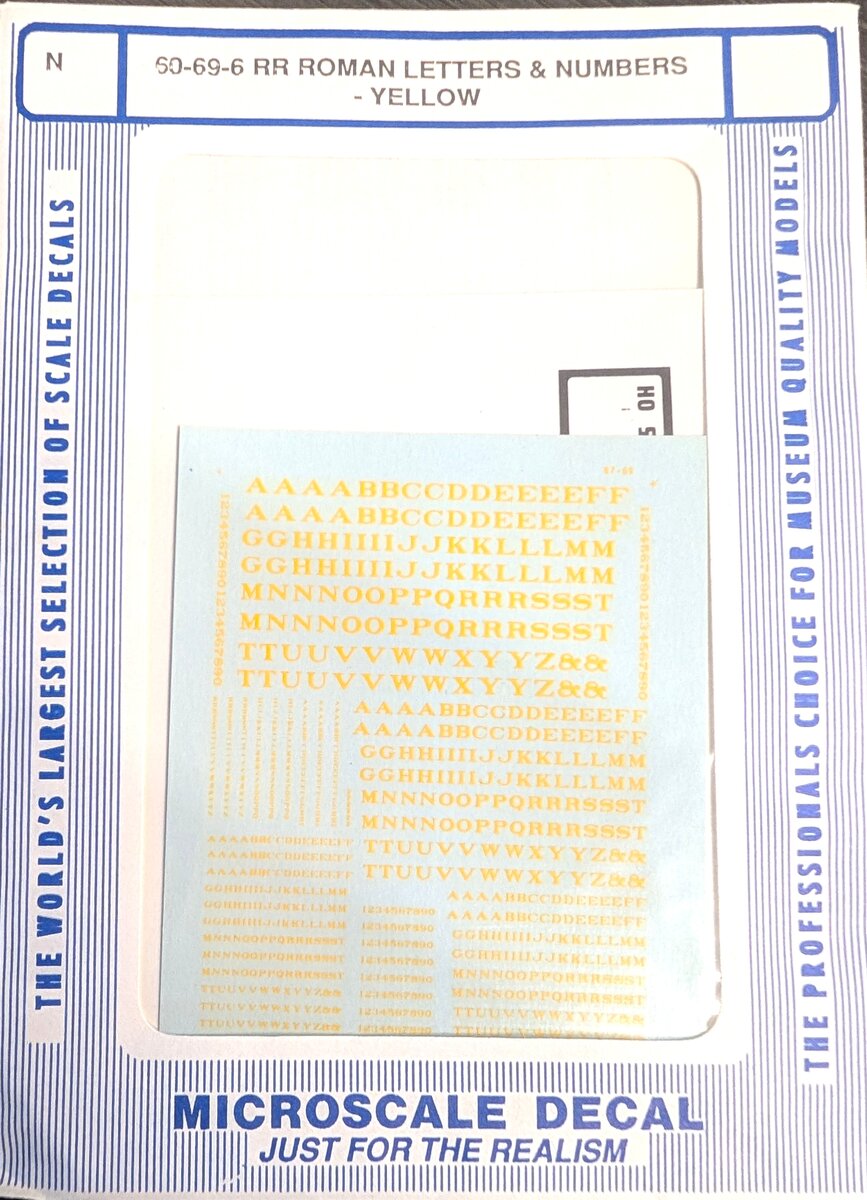 Microscale 60-69-6 N Scale Yellow RR Roman Letters & Numbers Decal Set