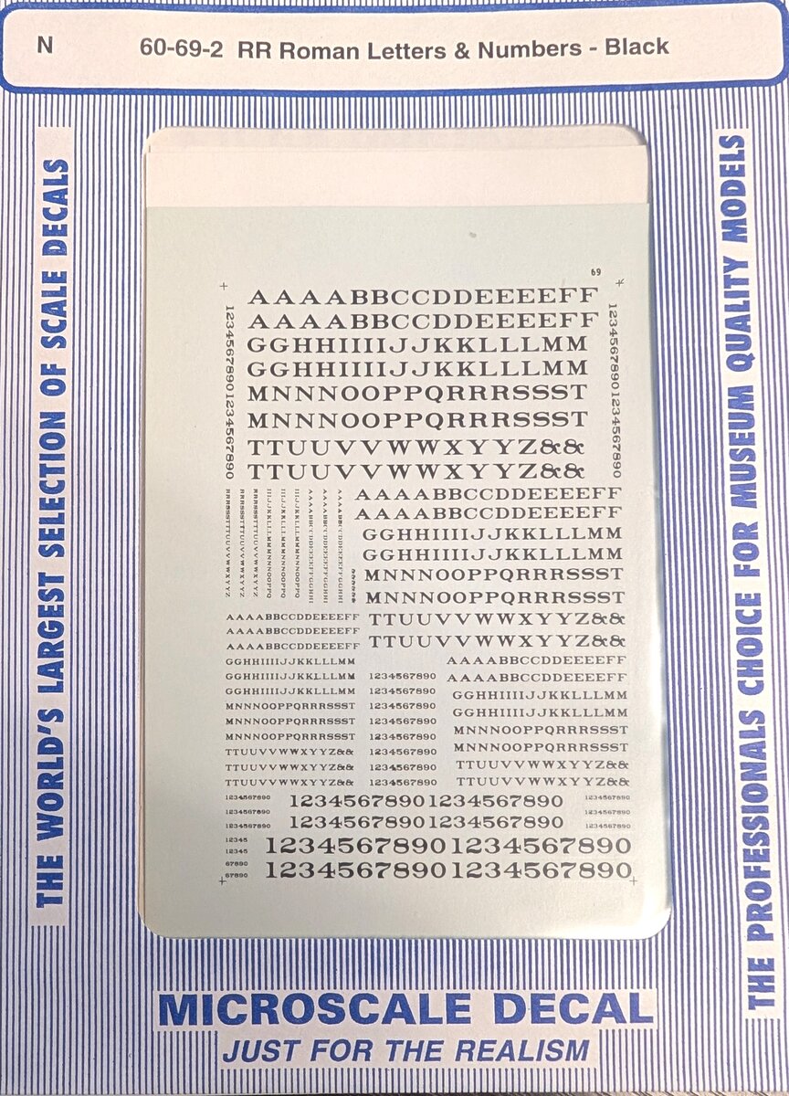 Microscale 60-69-2 N Scale Black RR Roman Letters & Numbers Decal Set