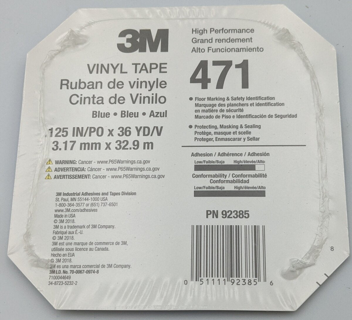 3M 92385 Blue Vinyl Tape .125" x 36yd