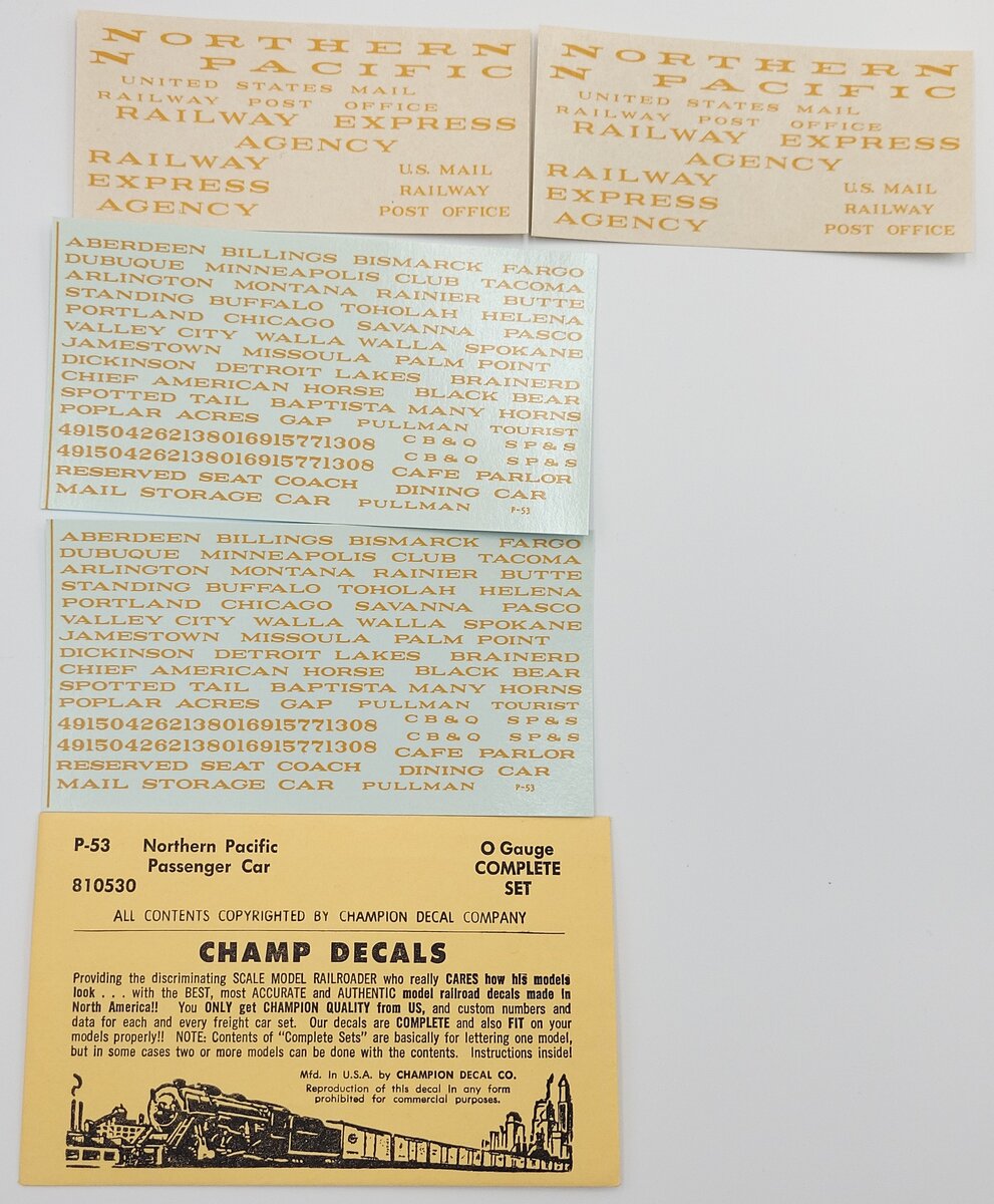 Champ Decals P-53 Northern Pacific Passenger Car Decal Set