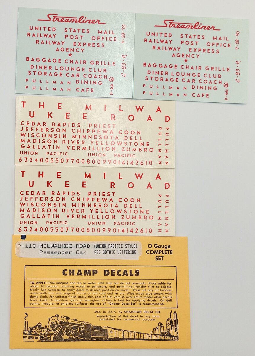 Champ Decals P-113 Milwaukee Road Passenger Car Union Pacific Style Decal Set