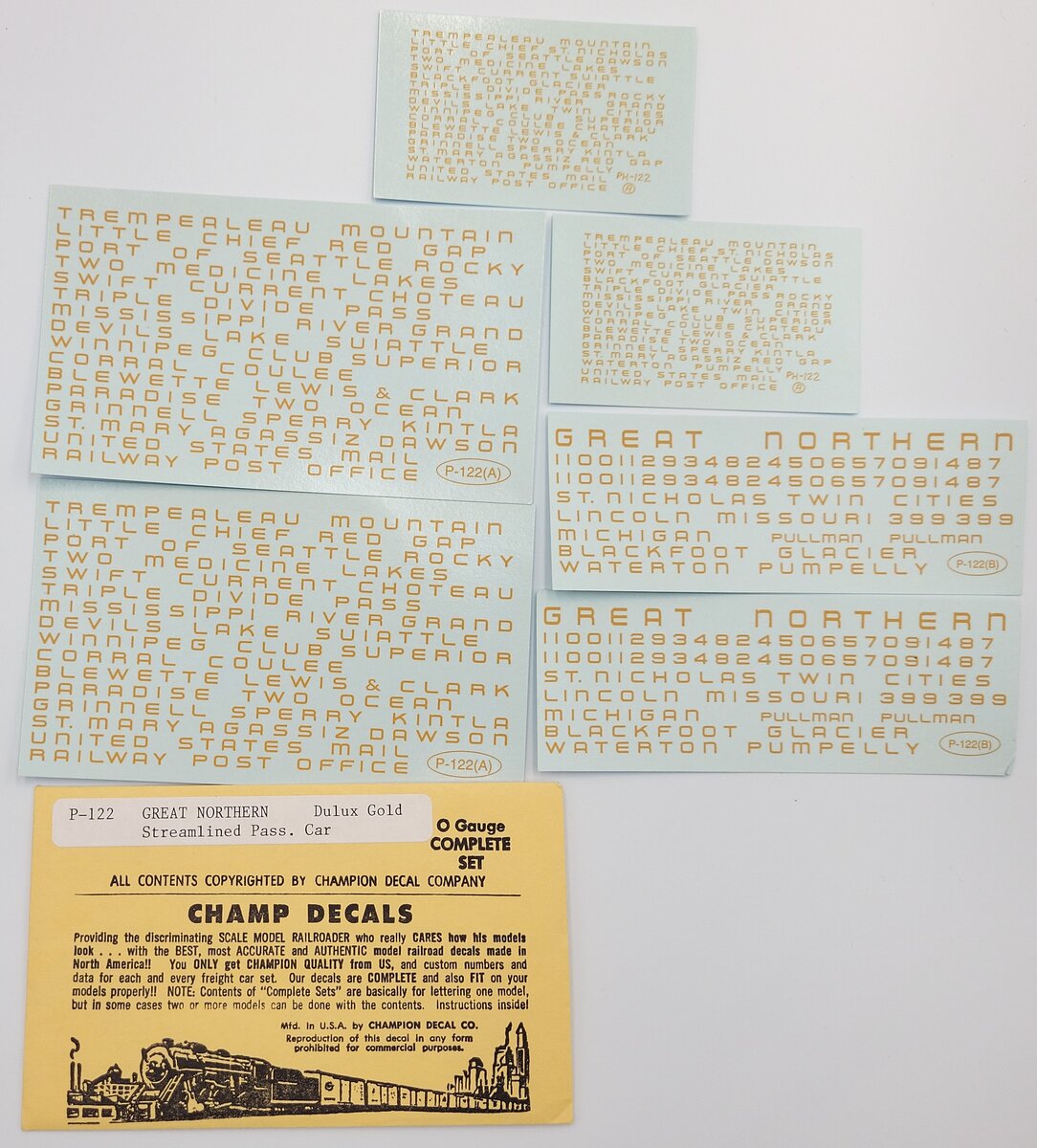 Champ Decals P-122 Great Northern Diesel Streamlined Passenger Car Decal Set