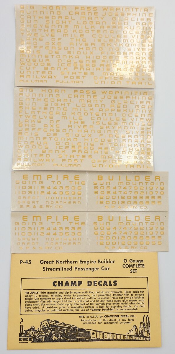 Champ Decals P-45 Great Northern Empire Builder Streamlined Passenger Decal Set