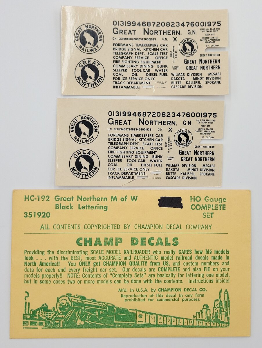 Champ Decals HC-192 Great Northern M of W Decal Set with Black Lettering