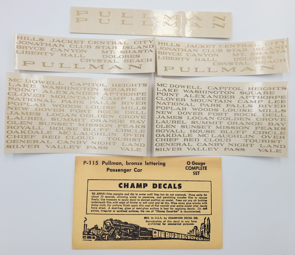 Champ Decals P-115 Pullman Passenger Car with Bronze Lettering Decal Set