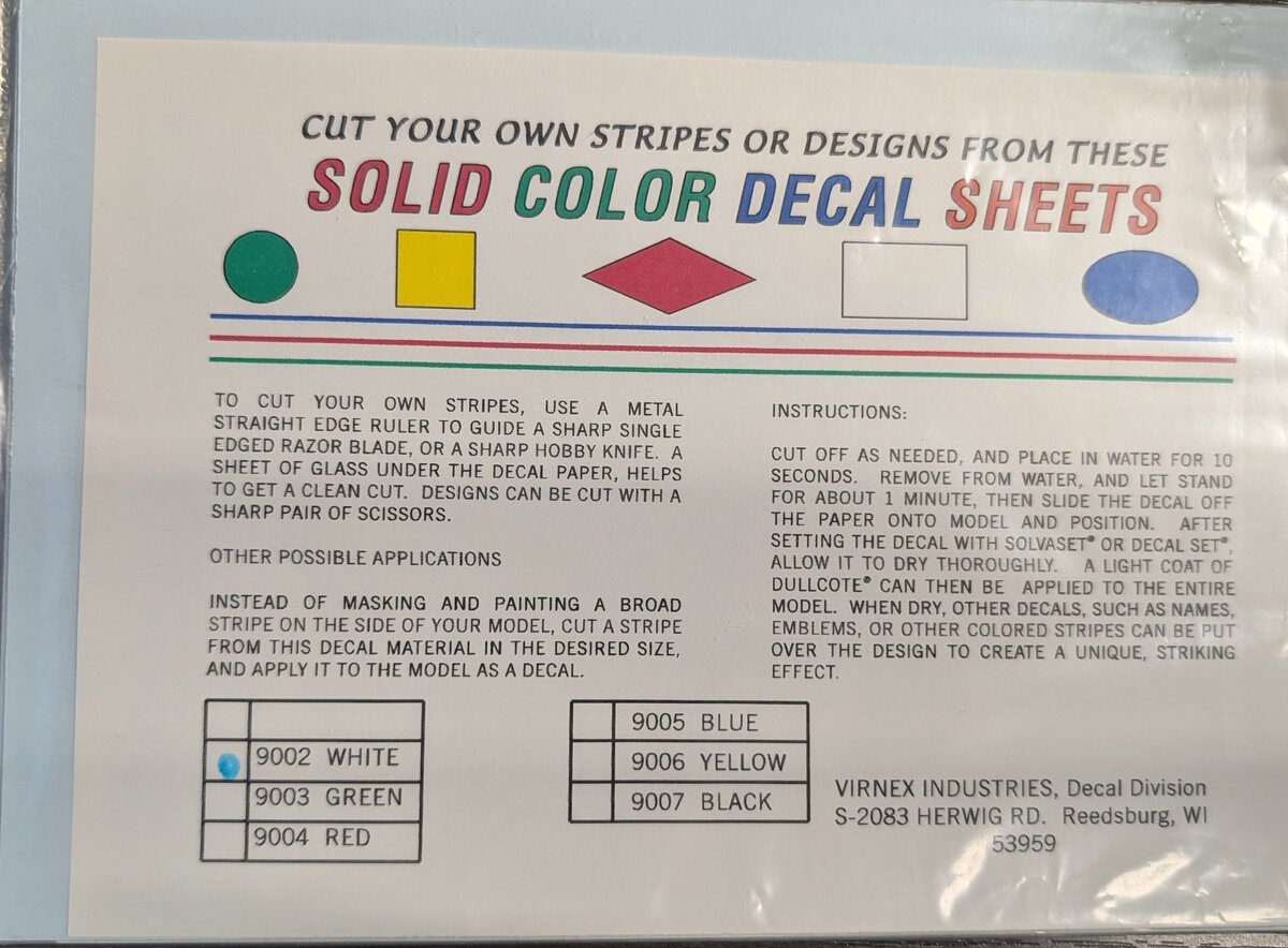 Virnex Industries 9002 Solid Color Decal Sheets
