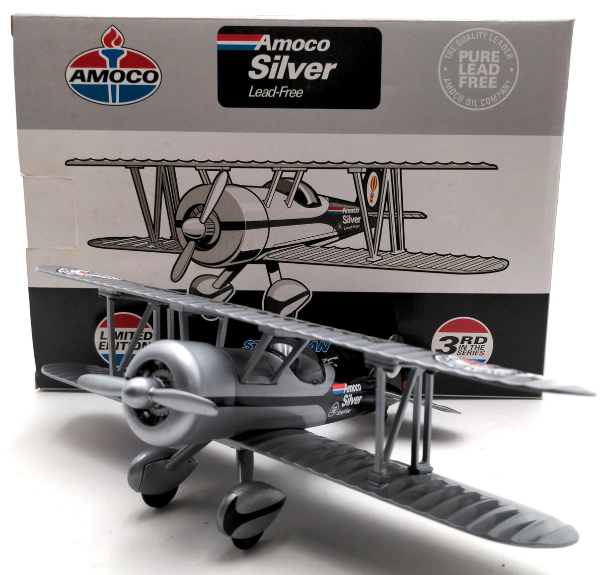 Amoco 37501 1/32 Stearman Bi-Plane Silver Vintage Diecast Coin Bank