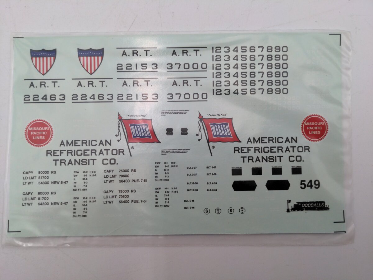 Oddballs Decals 64-549 American Refrigerator Transit Co. Decal Sheet