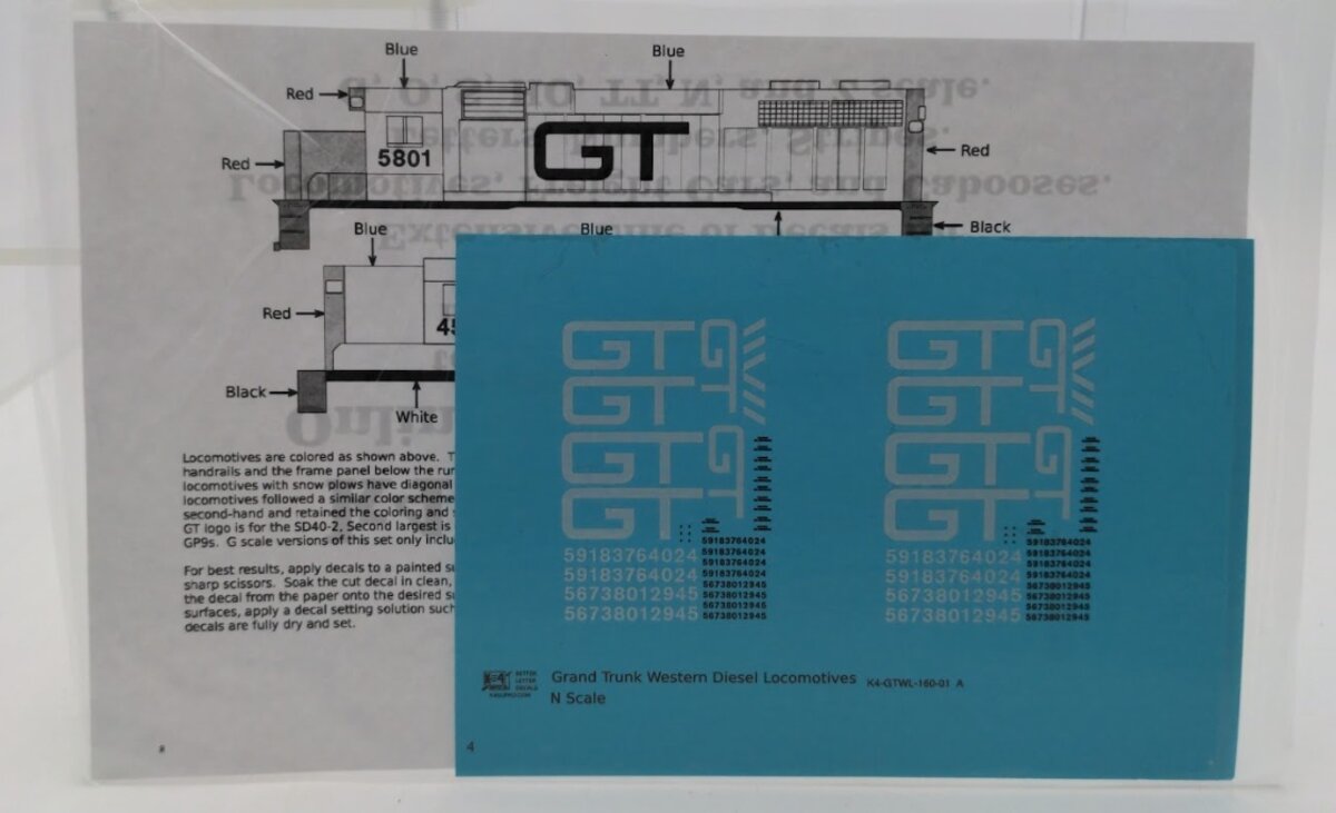 K4 160-01 N Scale Decals Grand Trunk Western Diesel Locomotive Decal Set