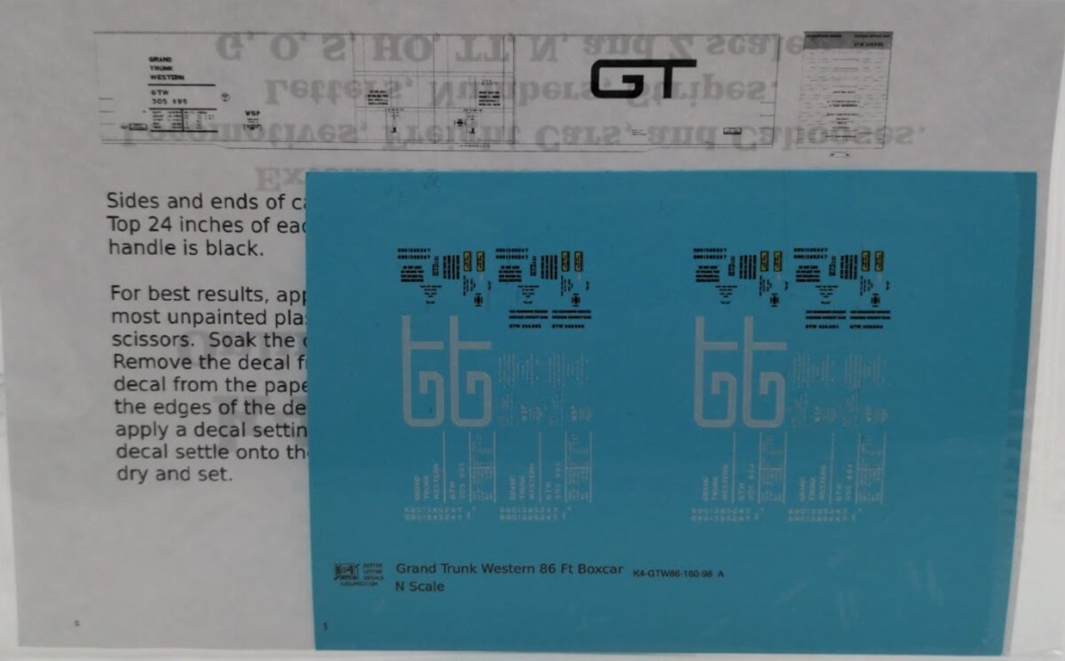 K4 160-98 N Scale Grand Trunk Western 86 Ft. Boxcar Decal Set