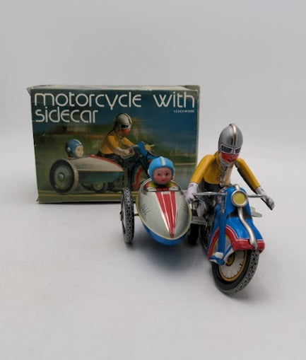 Acme MS709 By Clockwork Tin Wind Up Toy Motorcycle With Sidecar