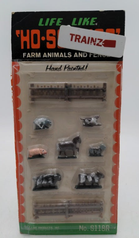Life Like S118R HO Scale Scenics Hand Painted Farm Animals & Fence Plastic Set