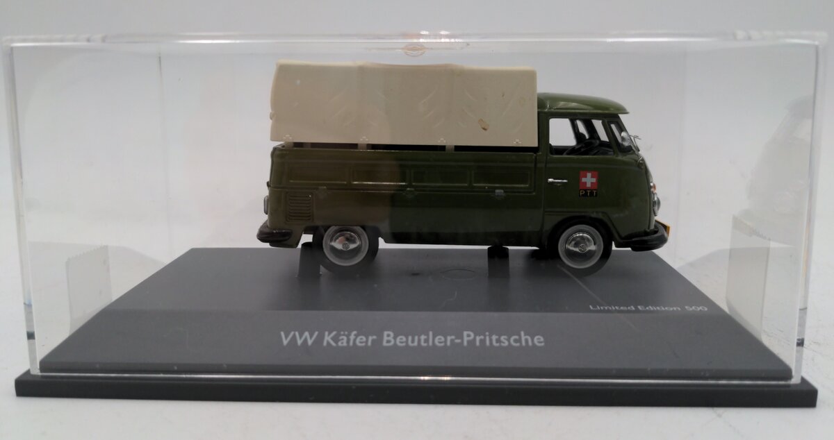 Schuco 1/43 VW Kafer Beutler-Pritsche PTT 500 Green And White Emergency Car EX/Box