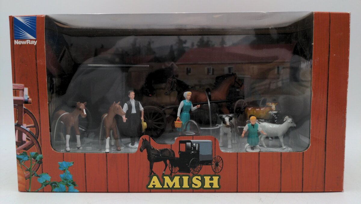 New-Ray Amish Figures, Horse Drawn Buggy, Farm Animals