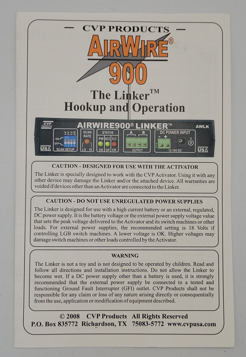 CVP AW-AWLK G AirWire 900 Linker DCC Command Control w/ 12 VDC Power Supply