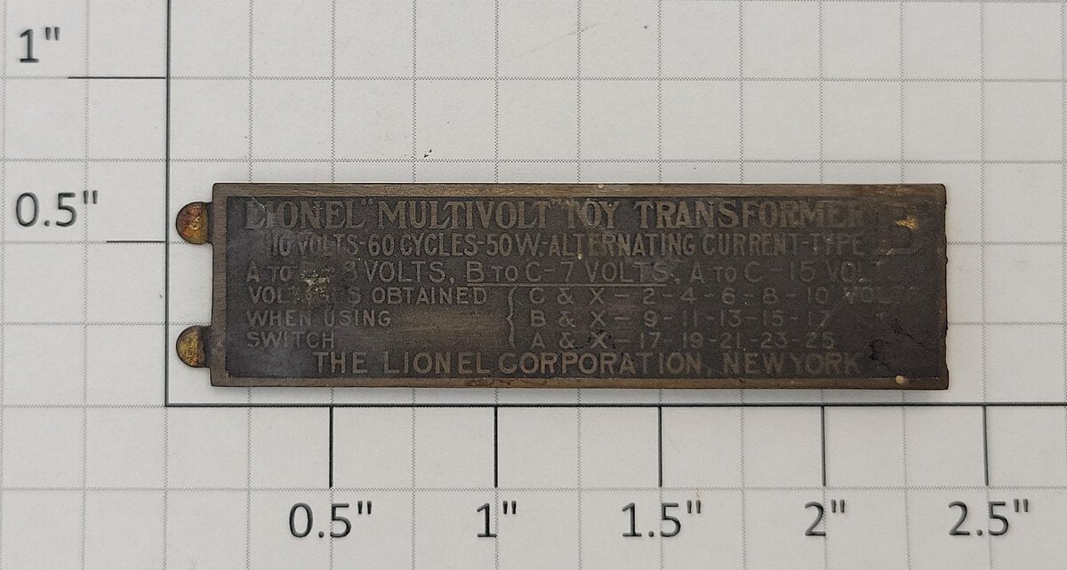 Lionel Type-B O Gauge 50 Watt AC Multivolt Toy Transformer Nameplate with Tabs