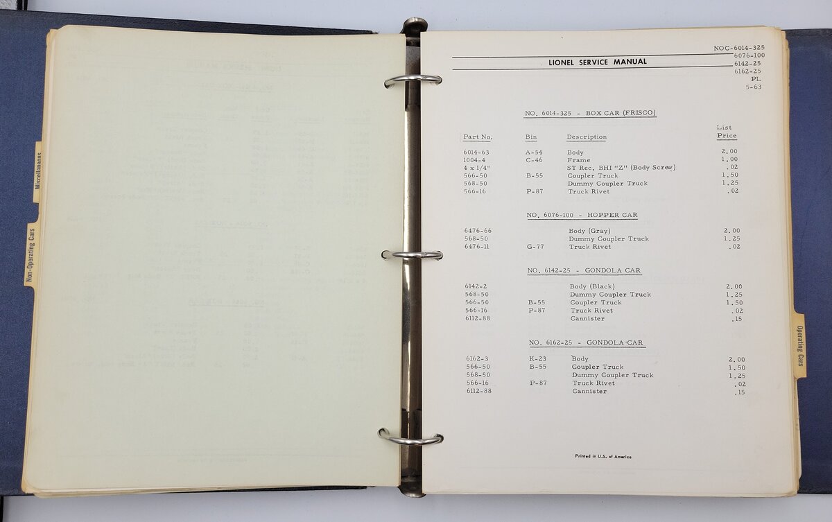 Lionel 20-1217 Service Manual & Replacement Parts Catalog