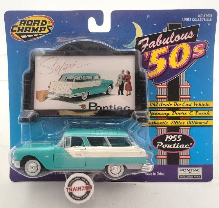 Road Champs 61403 1:43 Aquamarine 1955 Pontiac Safari W/Billboard Fabulous 50's