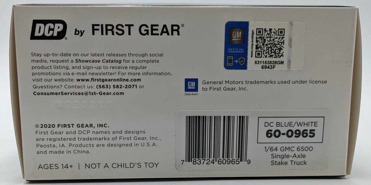 First Gear 60-0965 1:64 GMC 6500 W/Single Axle Stake Body White/Blue