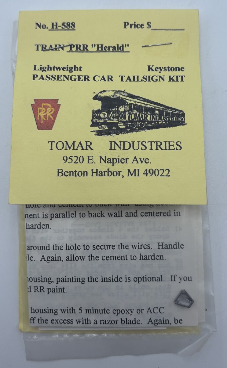 Tomar Industries H-588 HO Lightweight Passenger Car Tailsign Kit