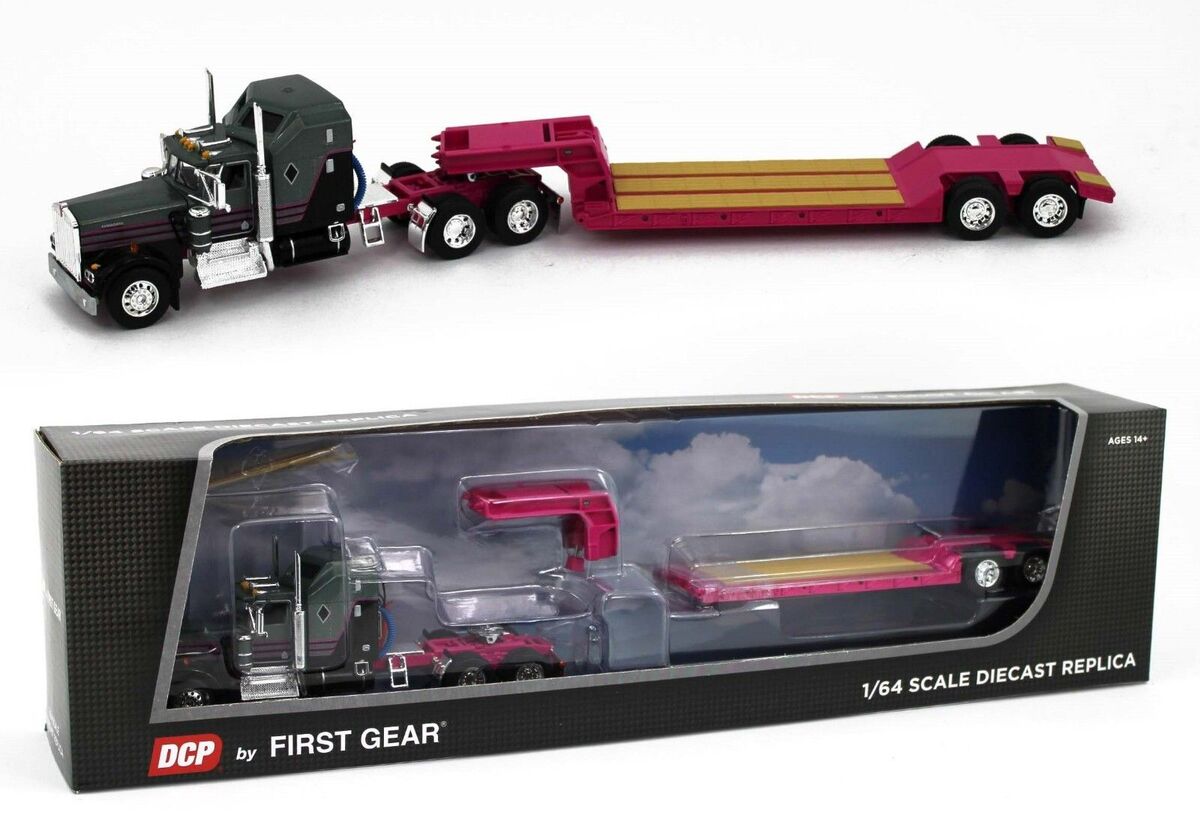 First Gear 60-1313 1:64 Kenworth W900A w/Sleeper & Rogers Lowboy - Pink